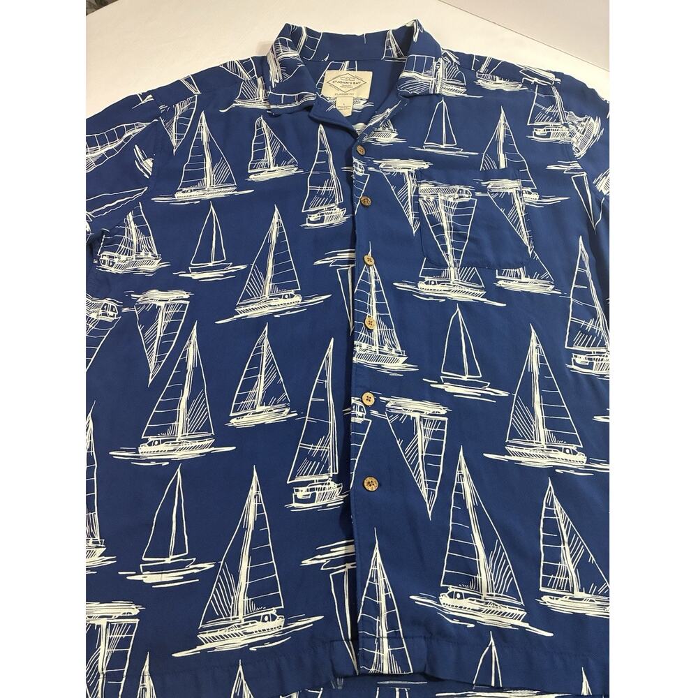 St John’s Bay L Blue Sailboat Print Hawaiian Shirt Short Sleeve Classic Fit